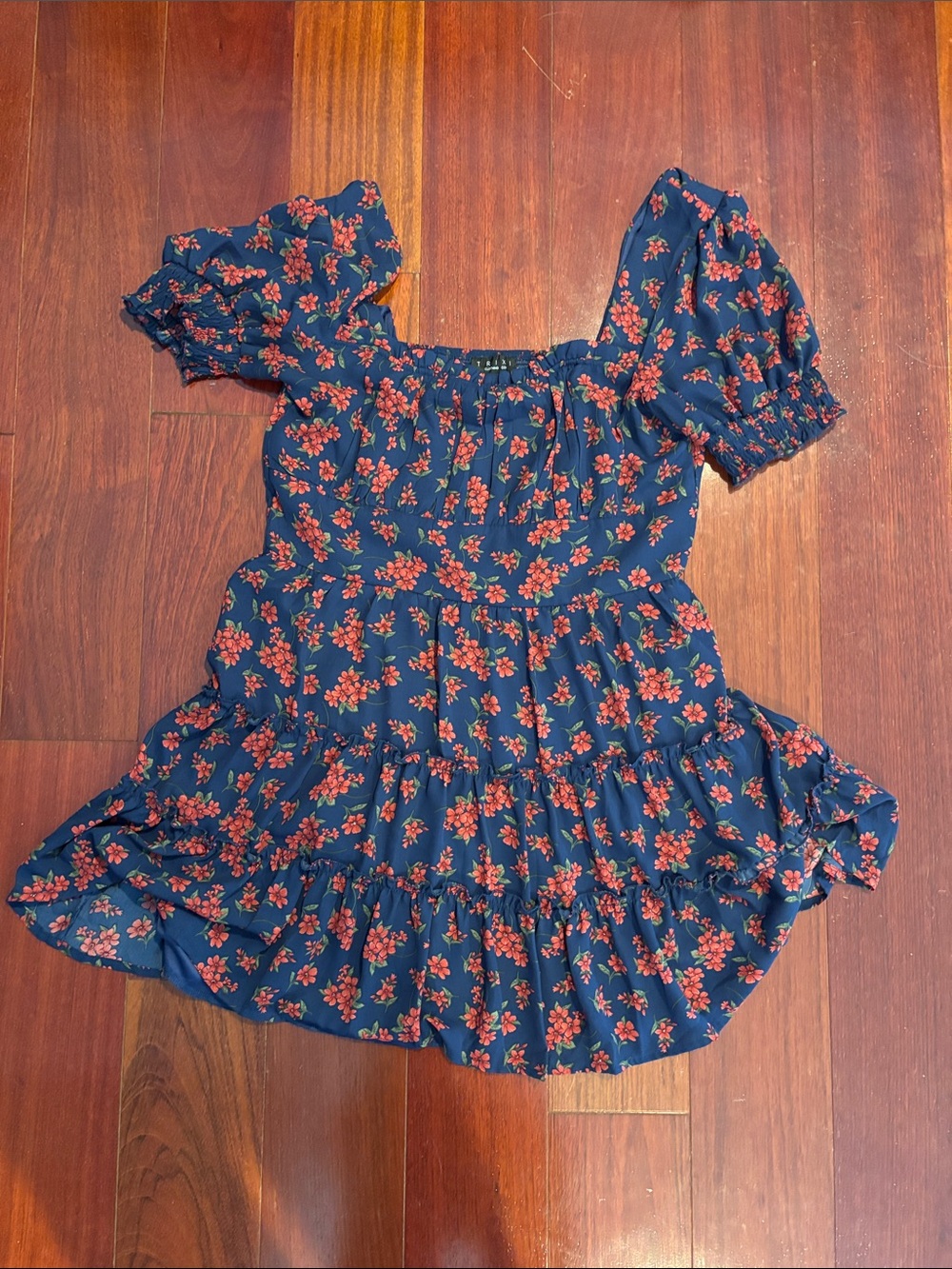 Trixxi Navy Blue Floral Puff-Sleeve Mini Dress with Red Flowers